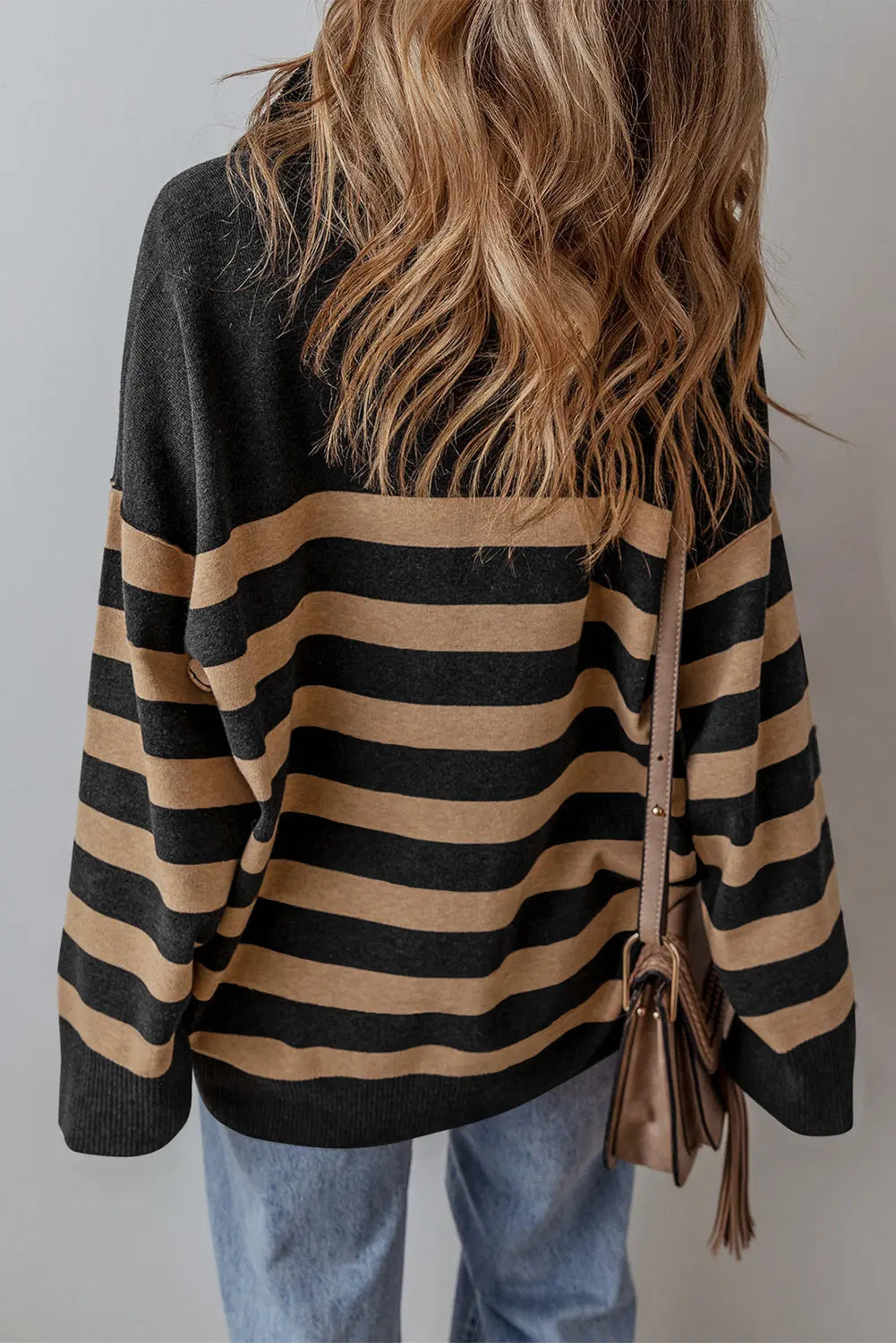 Black Stripe Collared Quarter Zipper Oversized Sweater Beagle Boutique Fashion Outlet