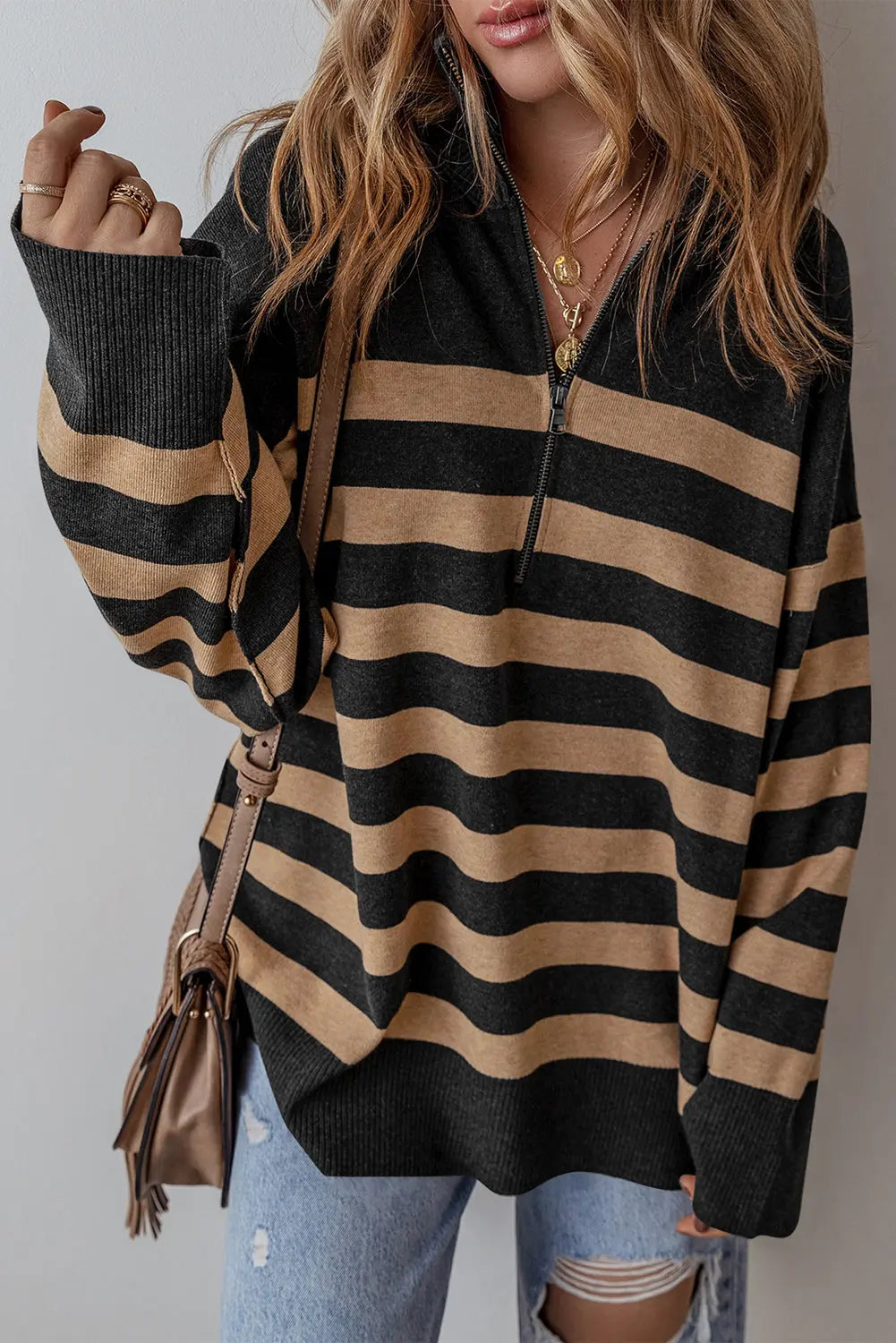 Black Stripe Collared Quarter Zipper Oversized Sweater Beagle Boutique Fashion Outlet