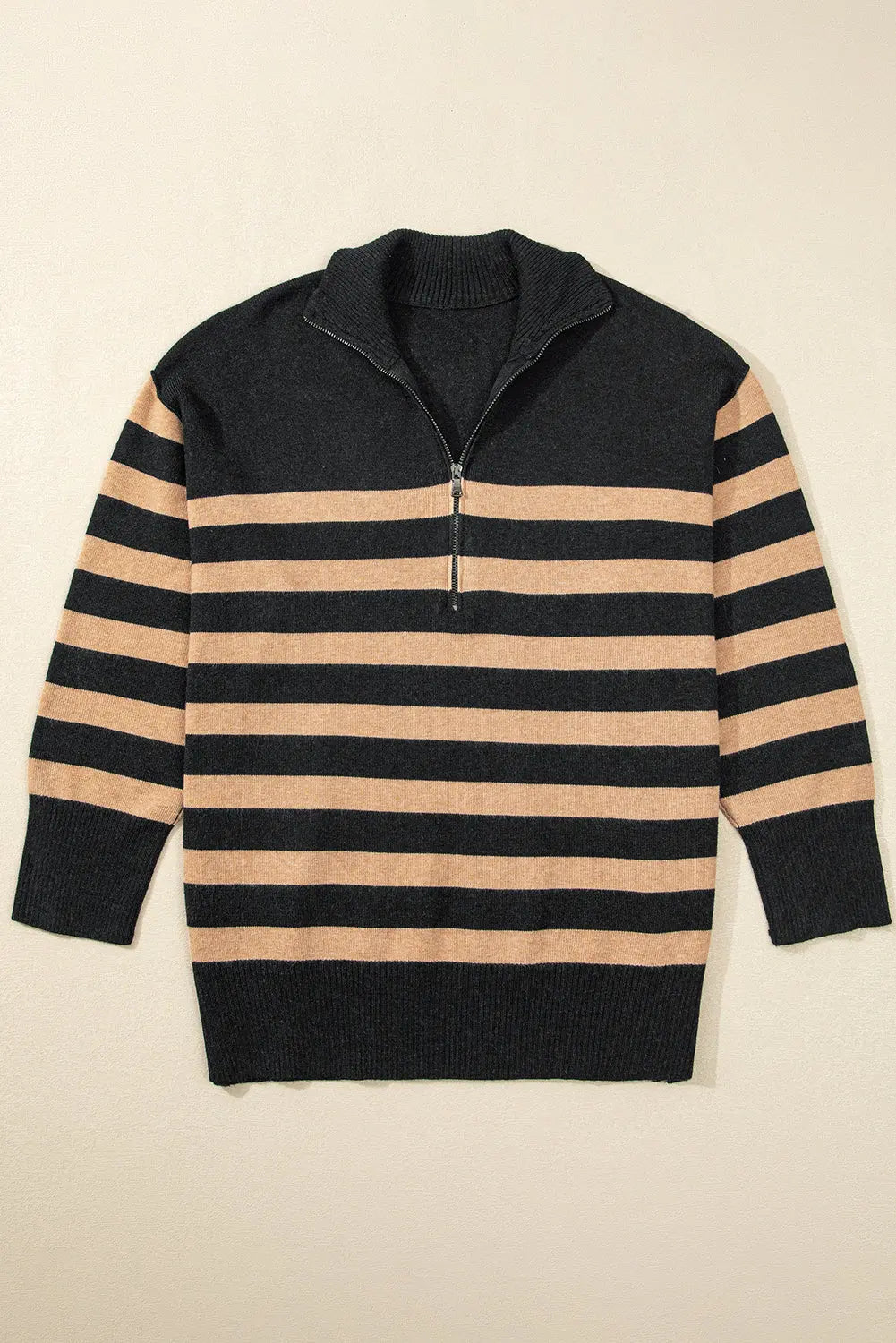 Black Stripe Collared Quarter Zipper Oversized Sweater Beagle Boutique Fashion Outlet