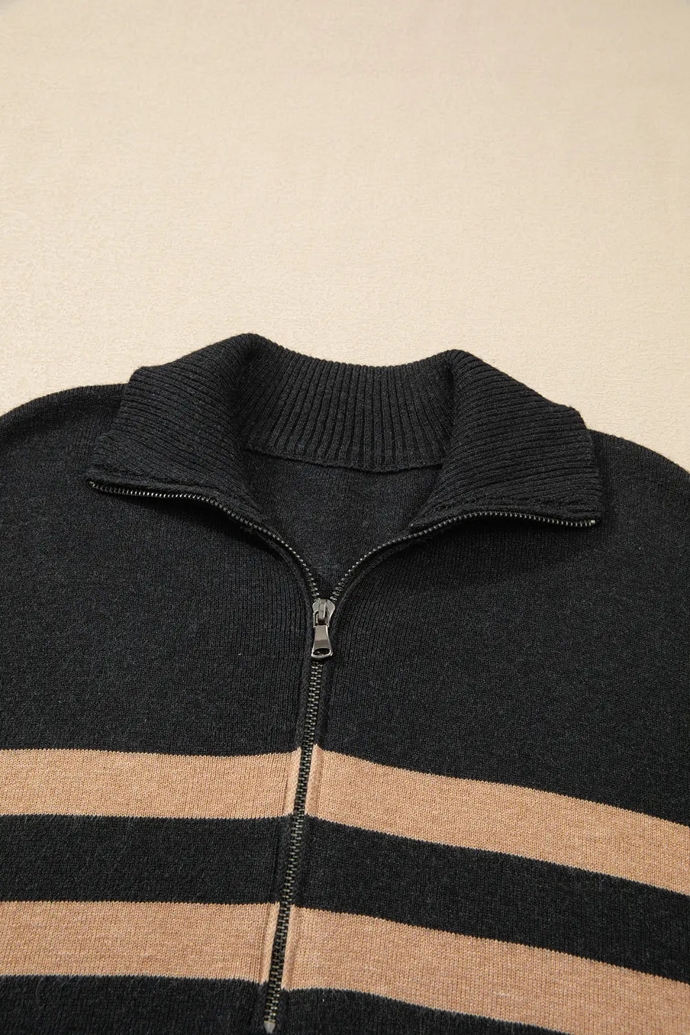 Black Stripe Collared Quarter Zipper Oversized Sweater Beagle Boutique Fashion Outlet