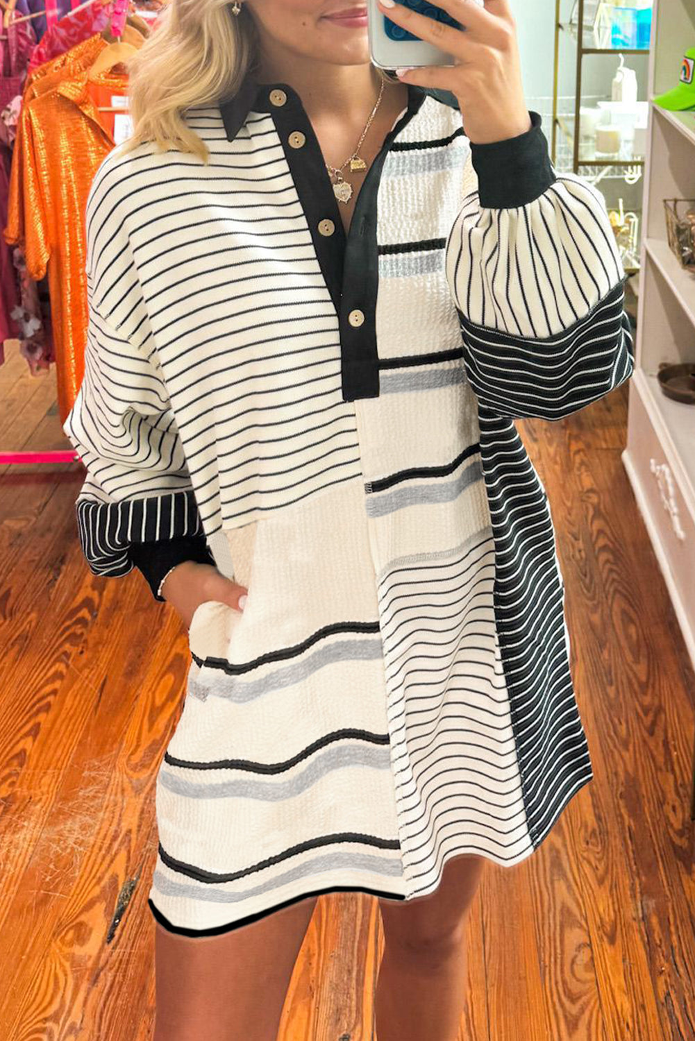 Black Stripe Colourblock Knit Henley Collar Shift Long Sleeve Mini Dress - eAura