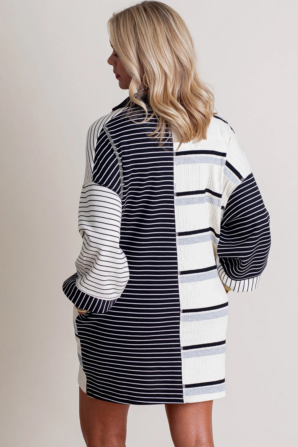 Black Stripe Colourblock Knit Henley Collar Shift Long Sleeve Mini Dress - eAura