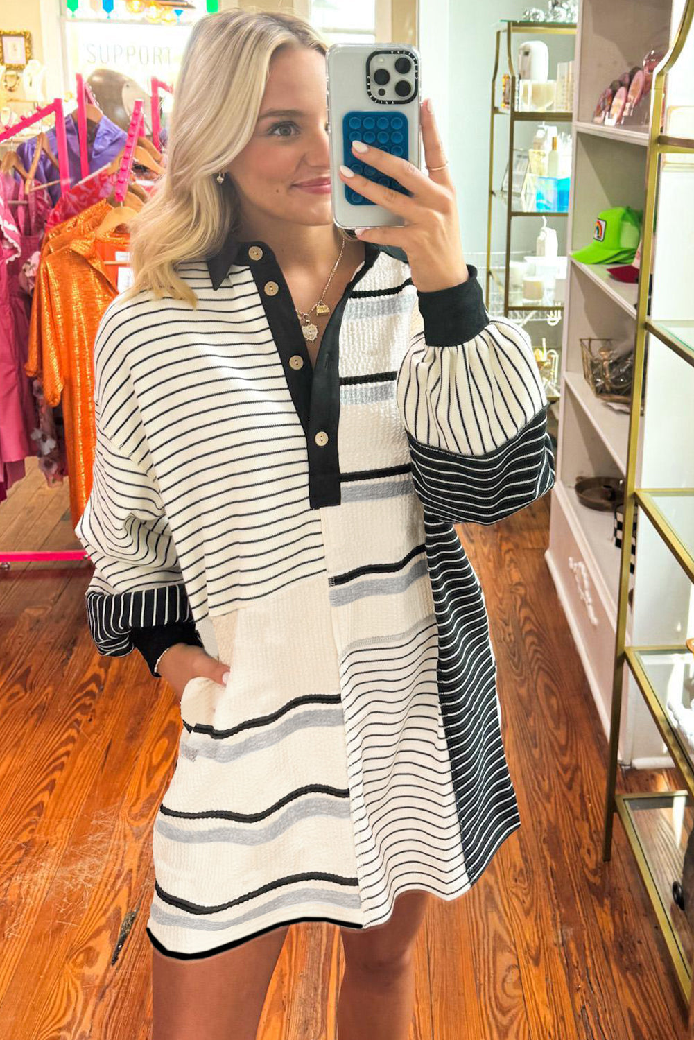 Black Stripe Colourblock Knit Henley Collar Shift Long Sleeve Mini Dress - Dresses/Mini Dresses