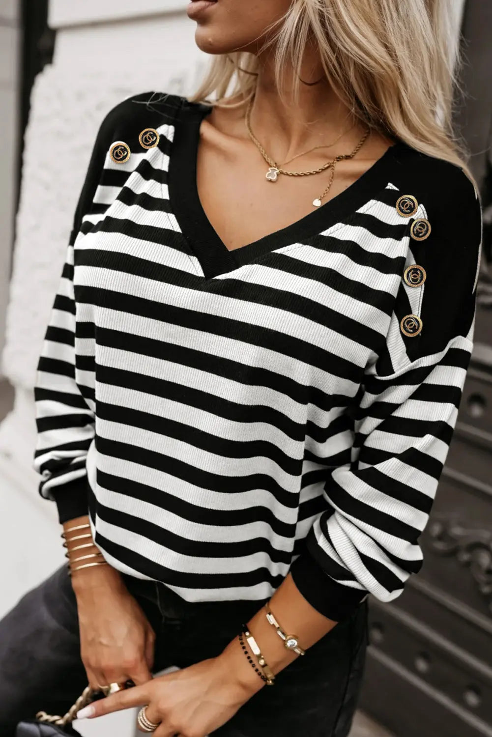 Buttoned Shoulder Black Stripe Crochet Hollow-out Back Buttoned Shoulder V Neck Top - – eAura
