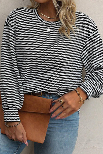 Black Stripe Drop Shoulder Puff Long Sleeve O Neck Plus Size T Shirt - BB Fashion Outlet