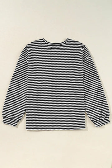 Black Stripe Drop Shoulder Puff Long Sleeve O Neck Plus Size T Shirt - BB Fashion Outlet
