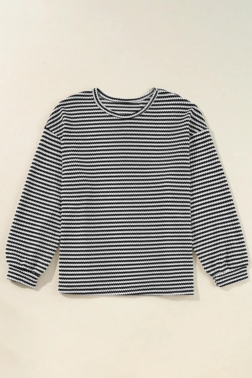 Black Stripe Drop Shoulder Puff Long Sleeve O Neck Plus Size T Shirt - eAura