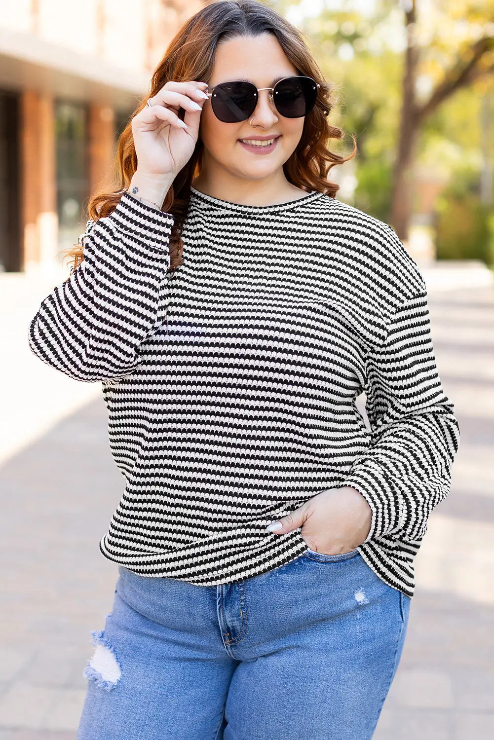 Black Stripe Drop Shoulder Puff Long Sleeve O Neck Plus Size T Shirt - eAura