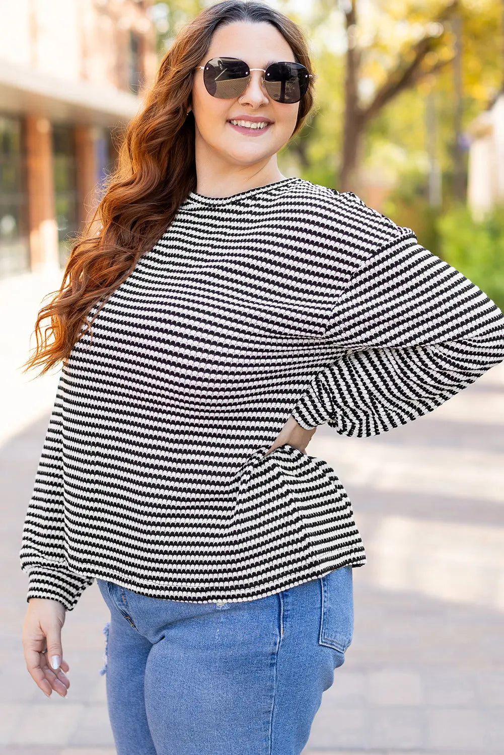 Black Stripe Drop Shoulder Puff Long Sleeve O Neck Plus Size T Shirt - eAura