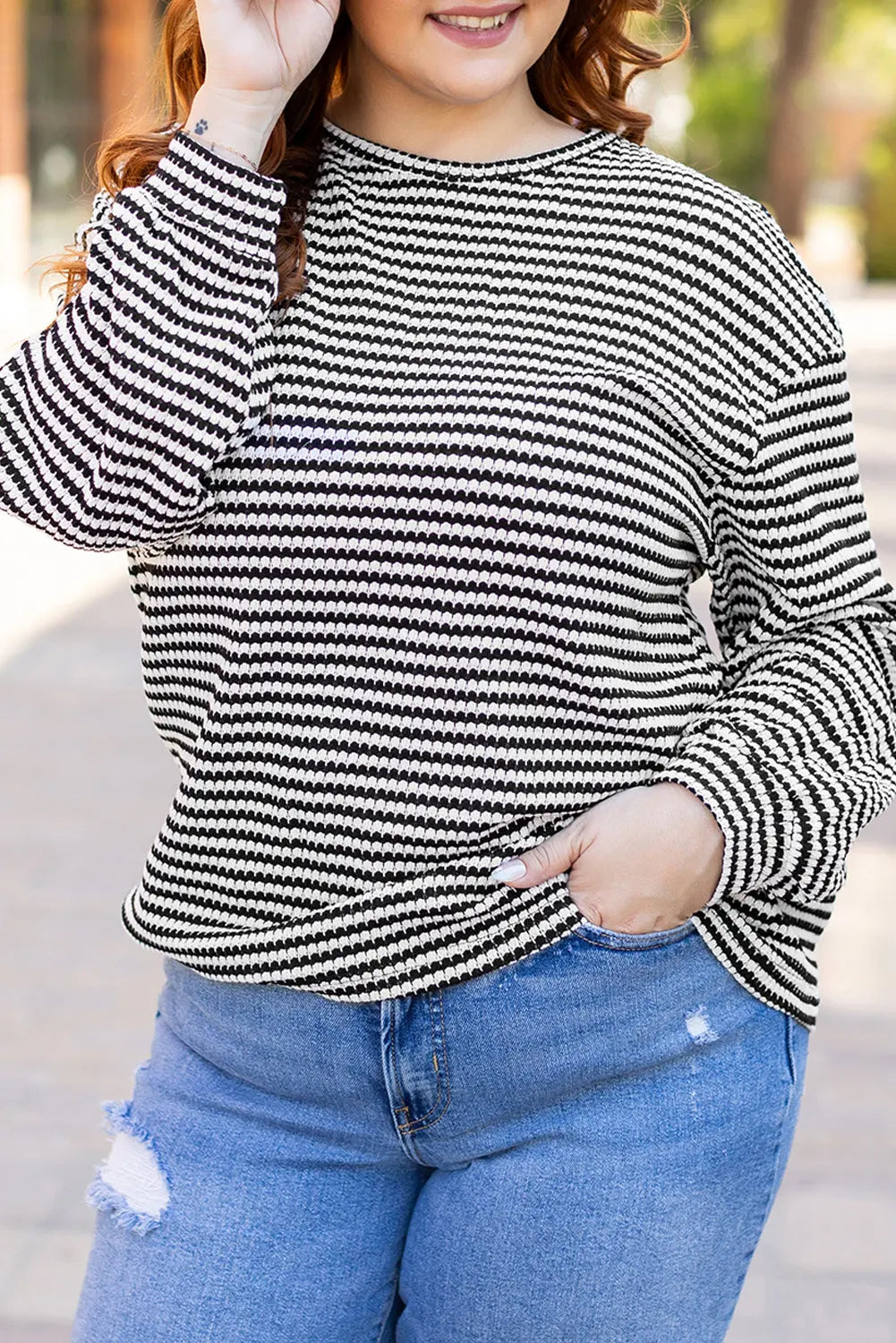 Black Stripe Drop Shoulder Puff Long Sleeve O Neck Plus Size T Shirt - eAura