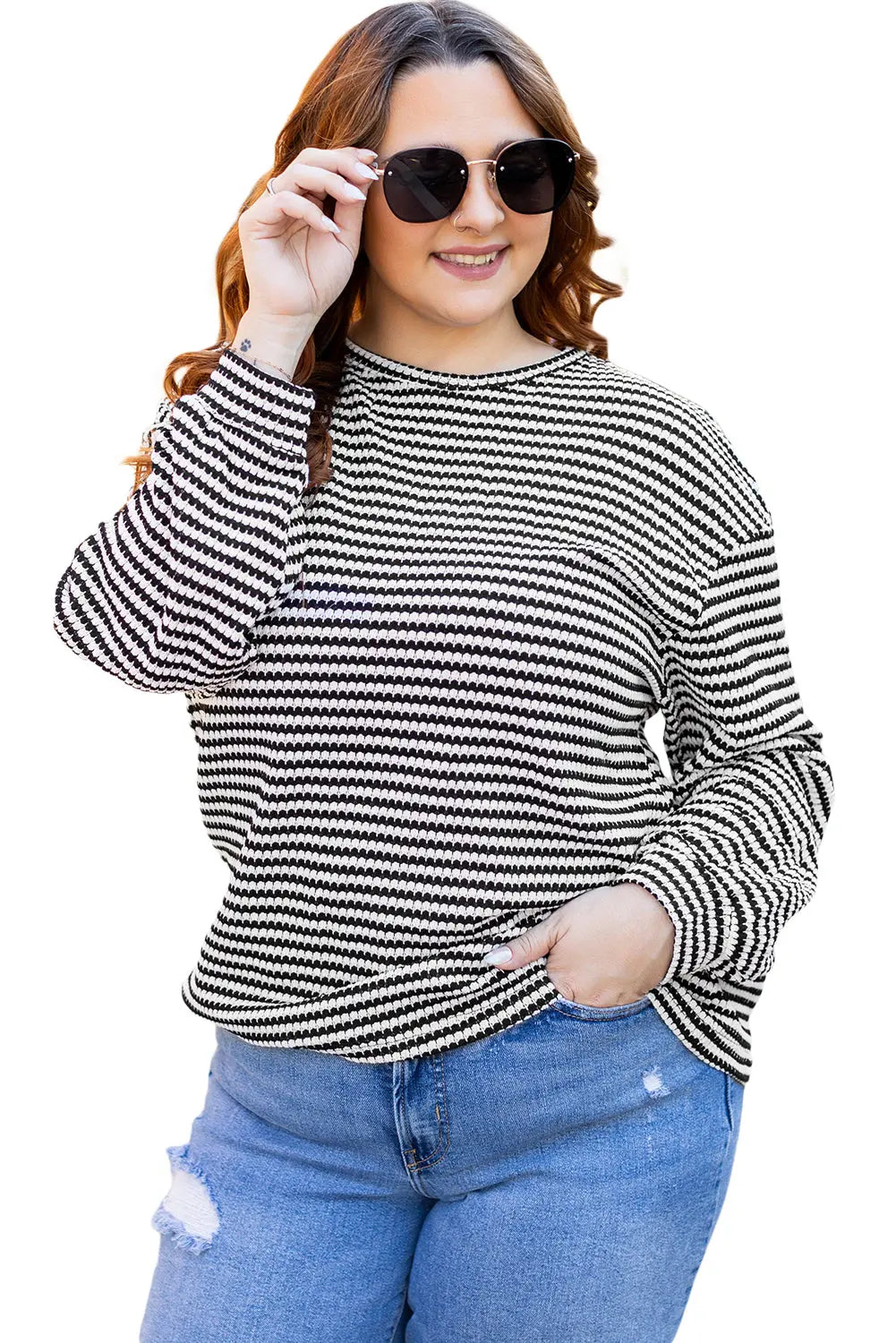 Black Stripe Drop Shoulder Puff Long Sleeve O Neck Plus Size T Shirt - eAura