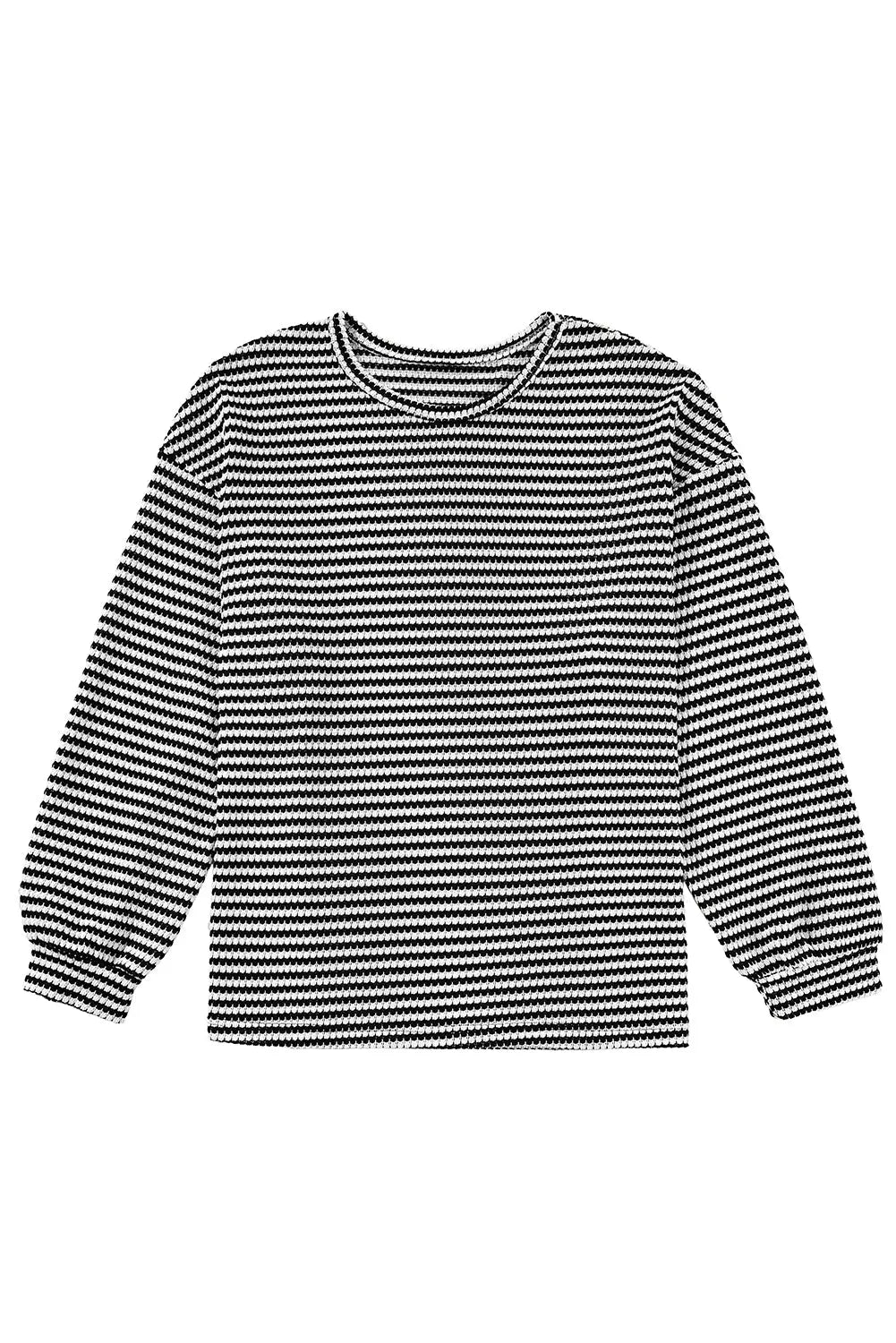 Black Stripe Drop Shoulder Puff Long Sleeve O Neck Plus Size T Shirt - eAura