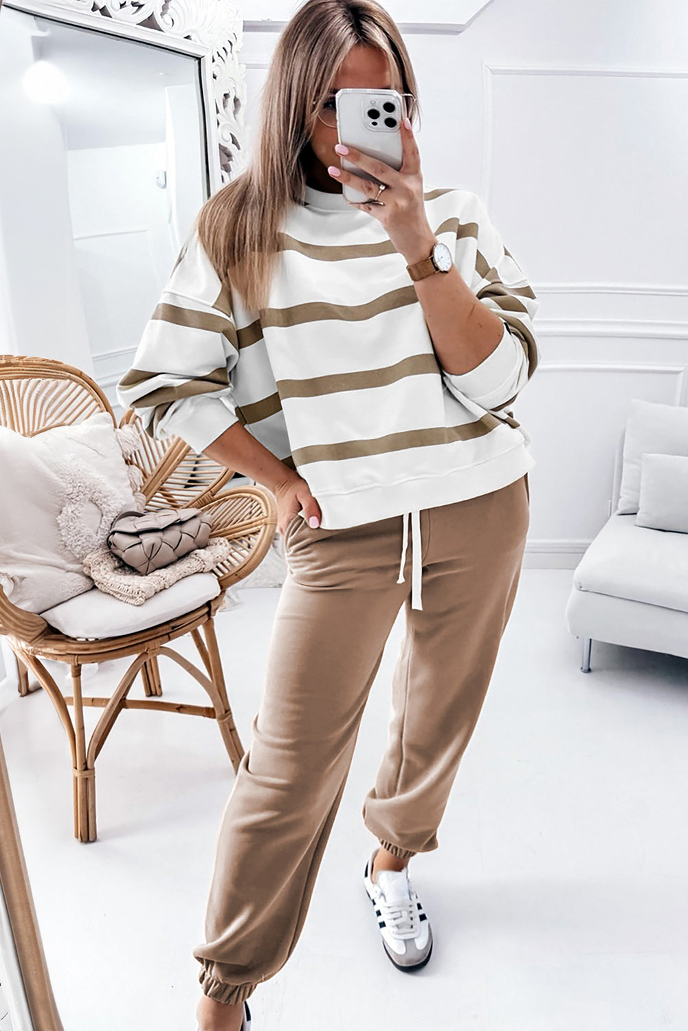 Black Stripe Drop Shoulder Pullover and Jogger Trousers Set - Two Piece Sets/Pant Sets