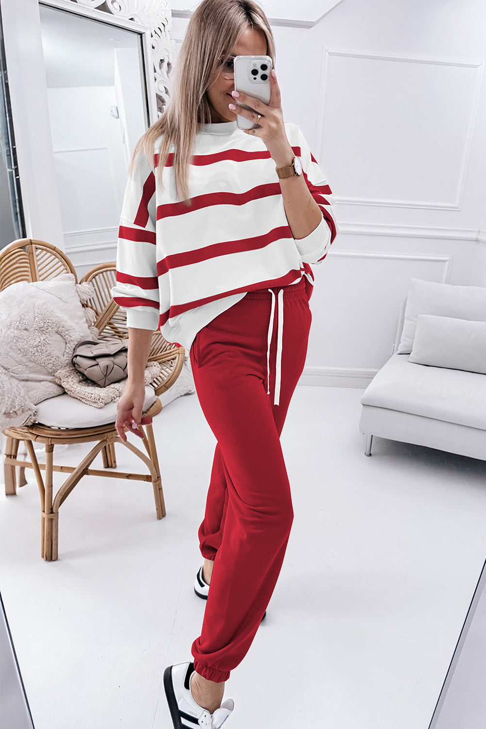 Black Stripe Drop Shoulder Pullover and Jogger Trousers Set - Two Piece Sets/Pant Sets