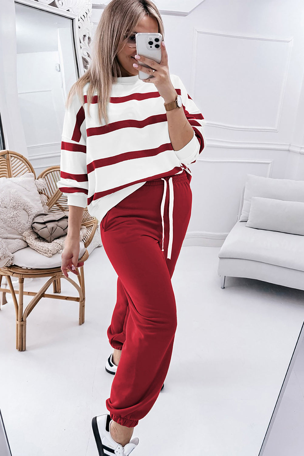 Black Stripe Drop Shoulder Pullover and Jogger Trousers Set - Two Piece Sets/Pant Sets
