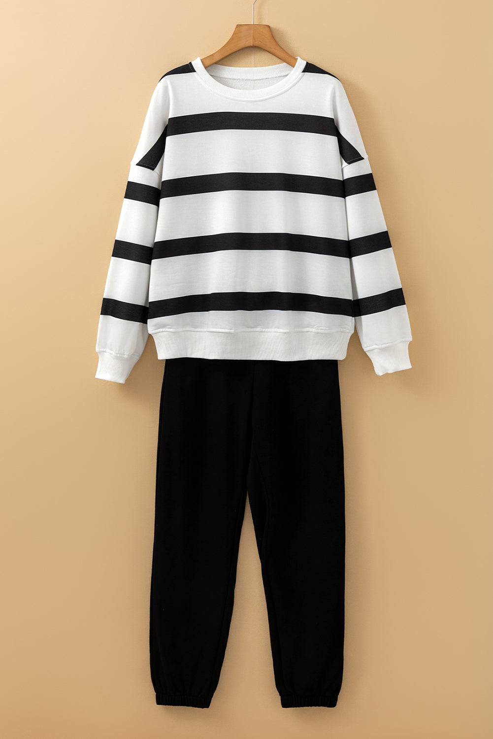 Black Stripe Drop Shoulder Pullover and Jogger Trousers Set - Two Piece Sets/Pant Sets