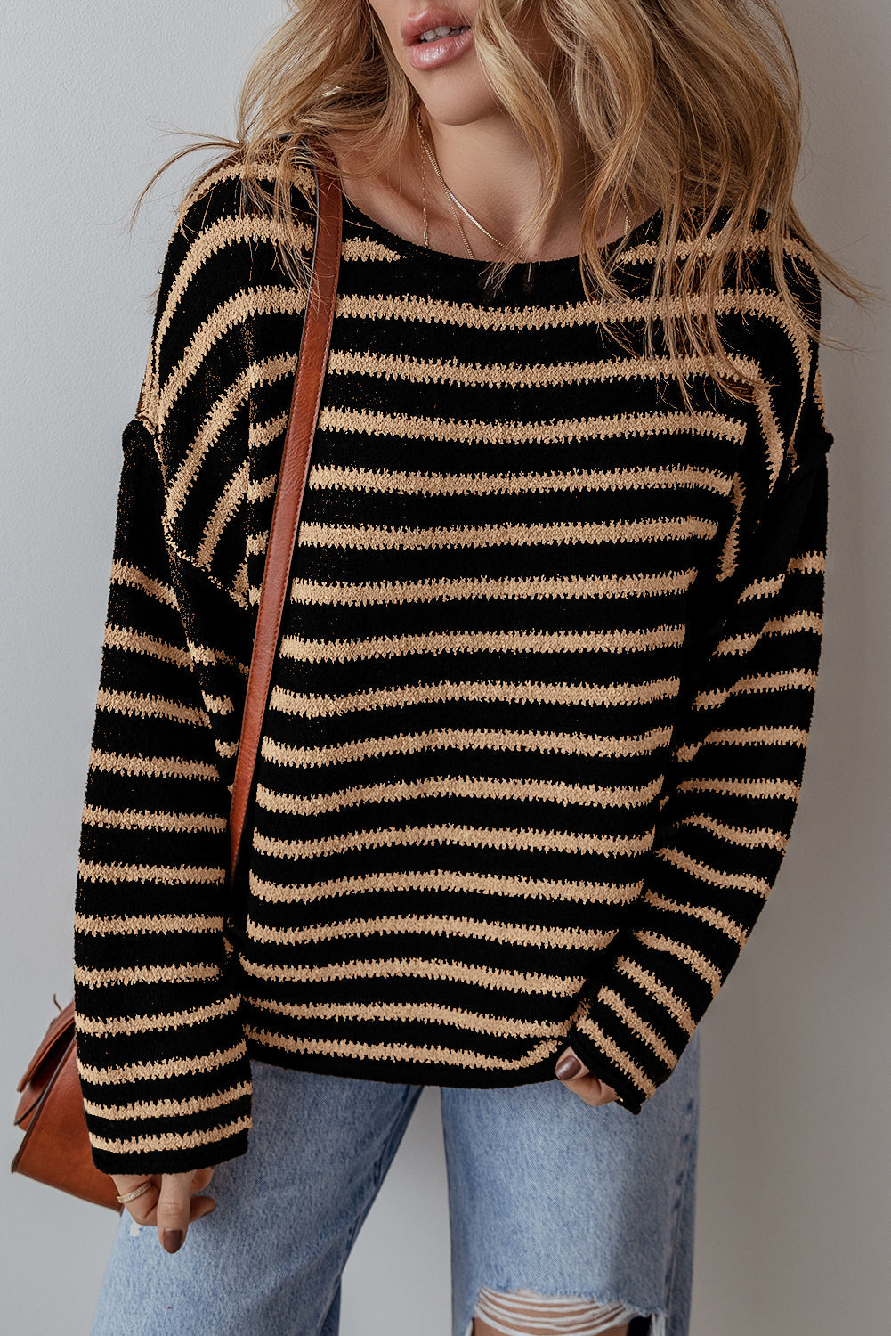 Black Stripe Drop Shoulder Round Neck Loose Sweater - eAura