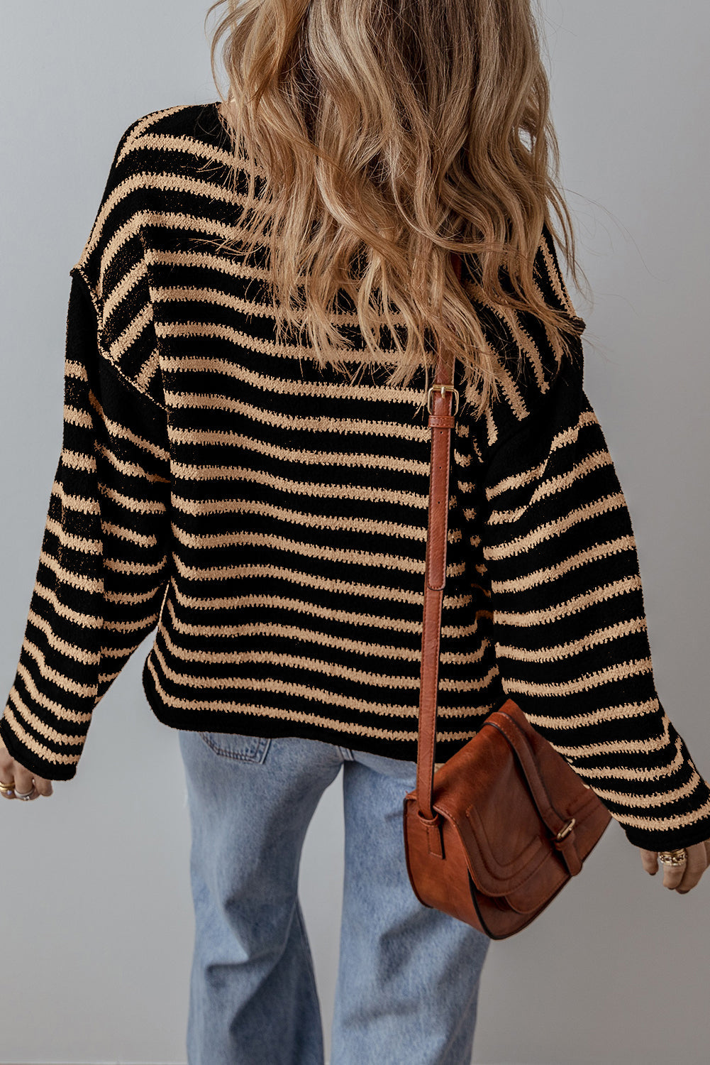 Black Stripe Drop Shoulder Round Neck Loose Sweater - eAura
