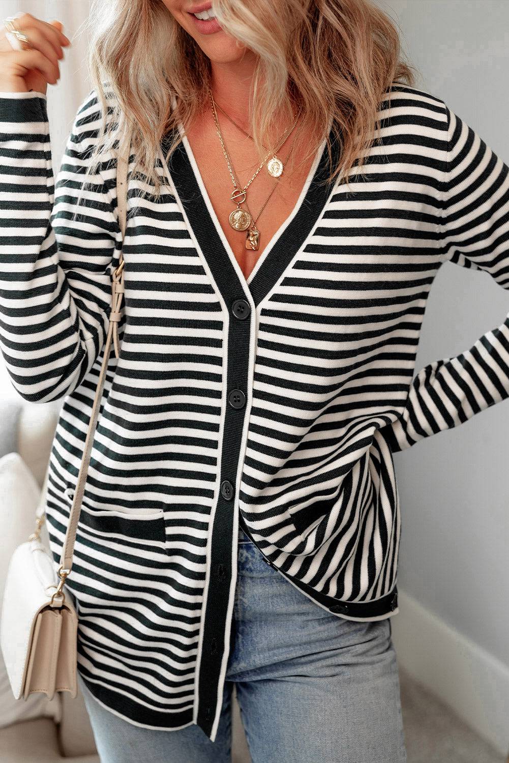 Black Stripe Long Sleeve Button up Tunic Cardigan - eAura