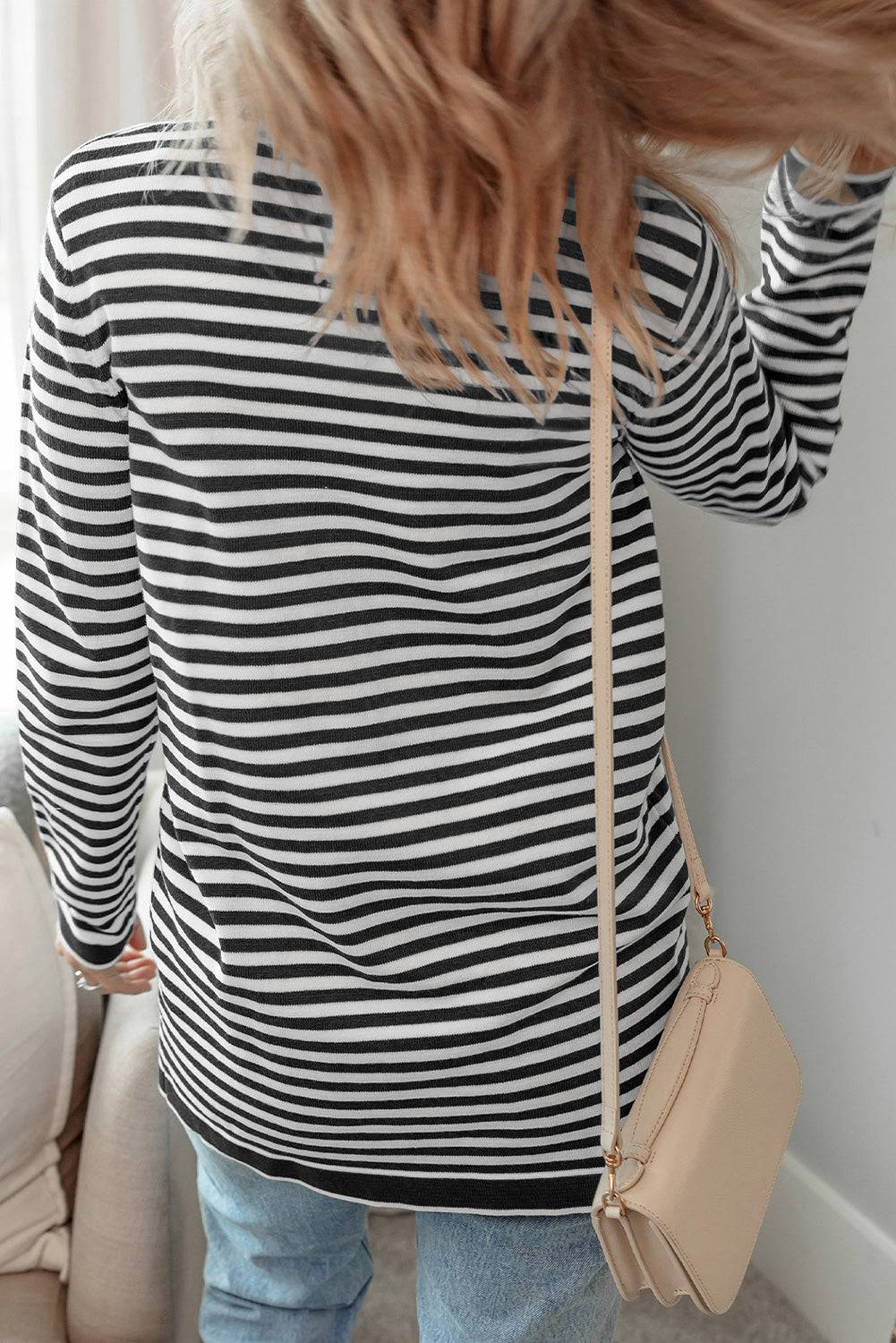Black Stripe Long Sleeve Button up Tunic Cardigan - eAura