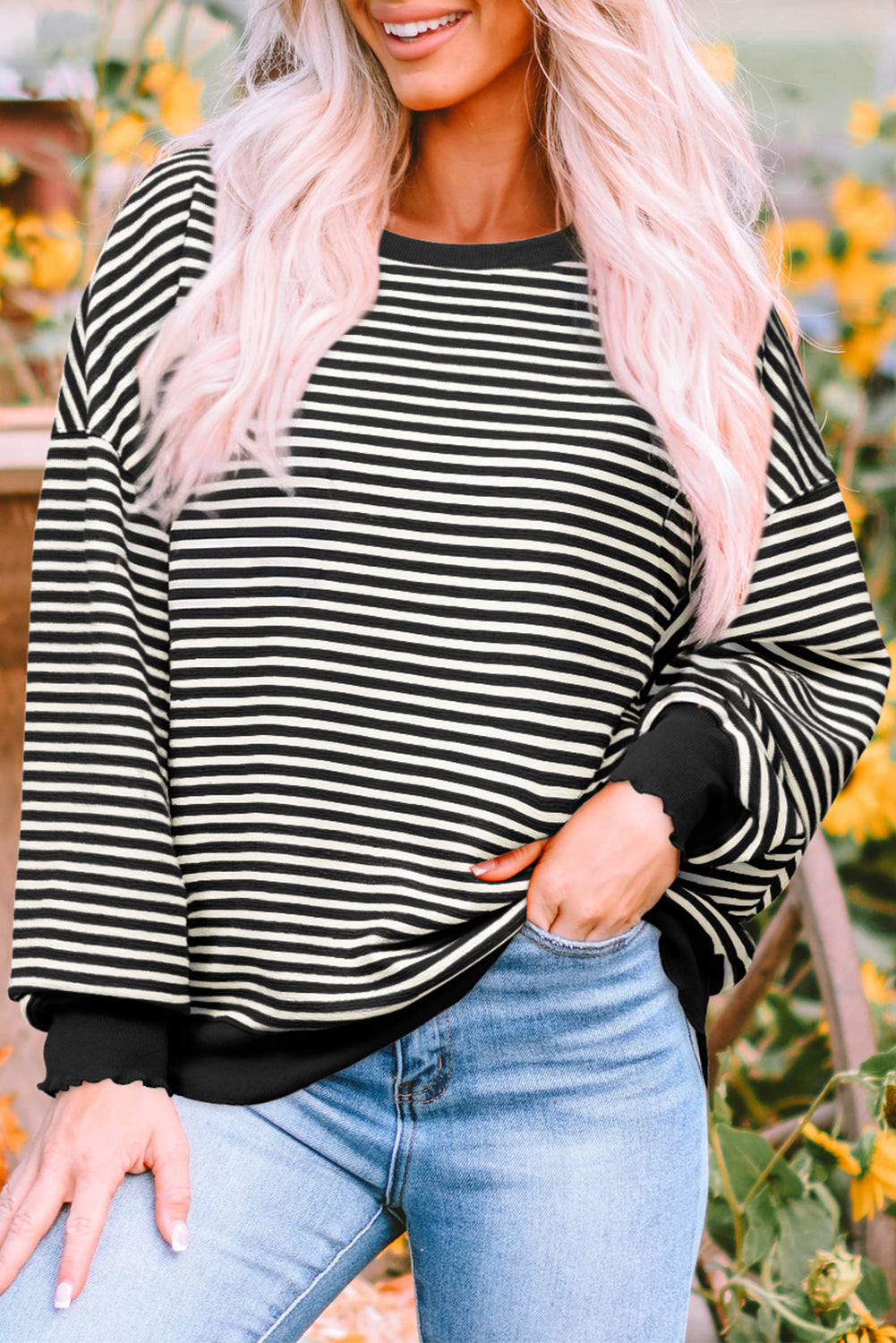 Black Stripe Loose Drop Shoulder Long Sleeve Top - eAura