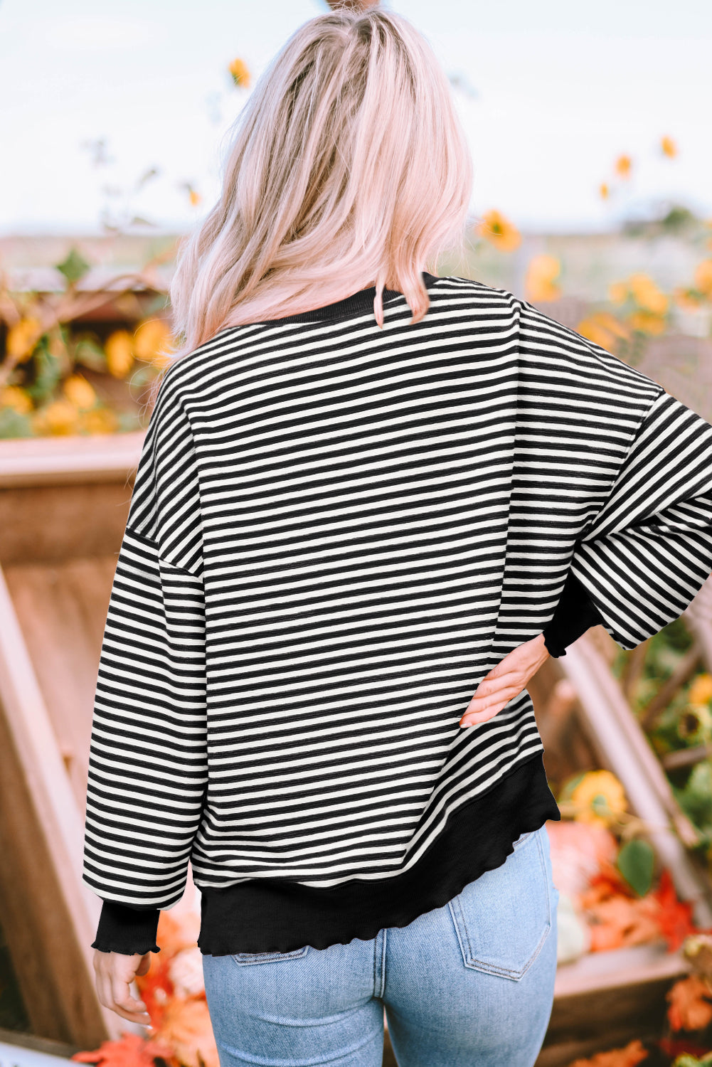 Black Stripe Loose Drop Shoulder Long Sleeve Top - eAura