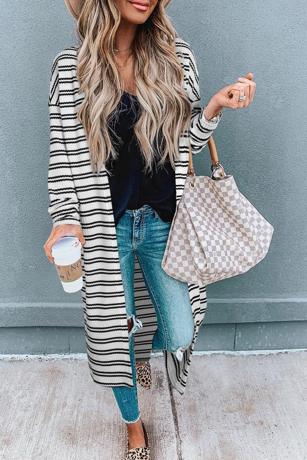 Black Stripe Print Open Front Duster Cardigan - eAura