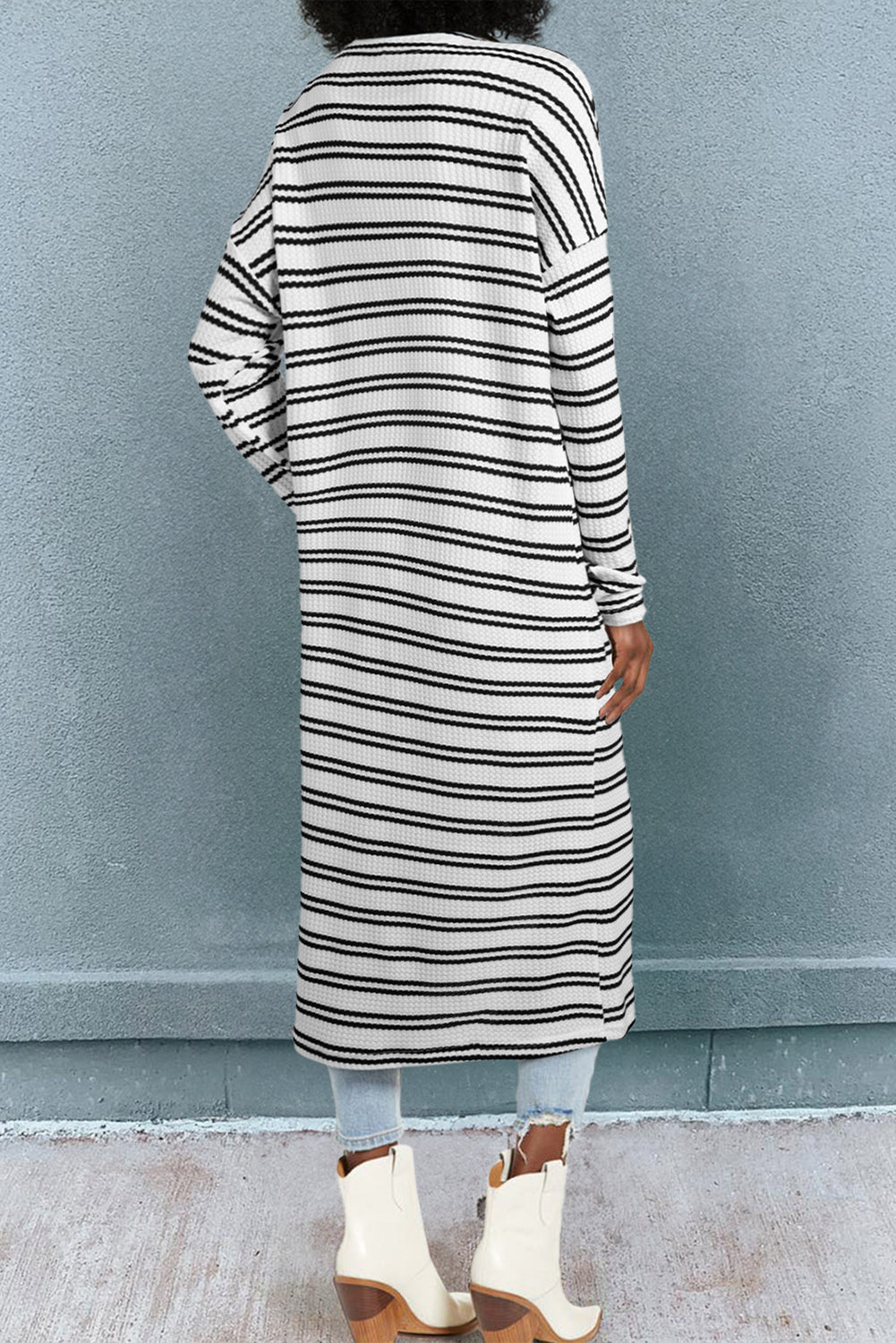 Black Stripe Print Open Front Duster Cardigan - eAura