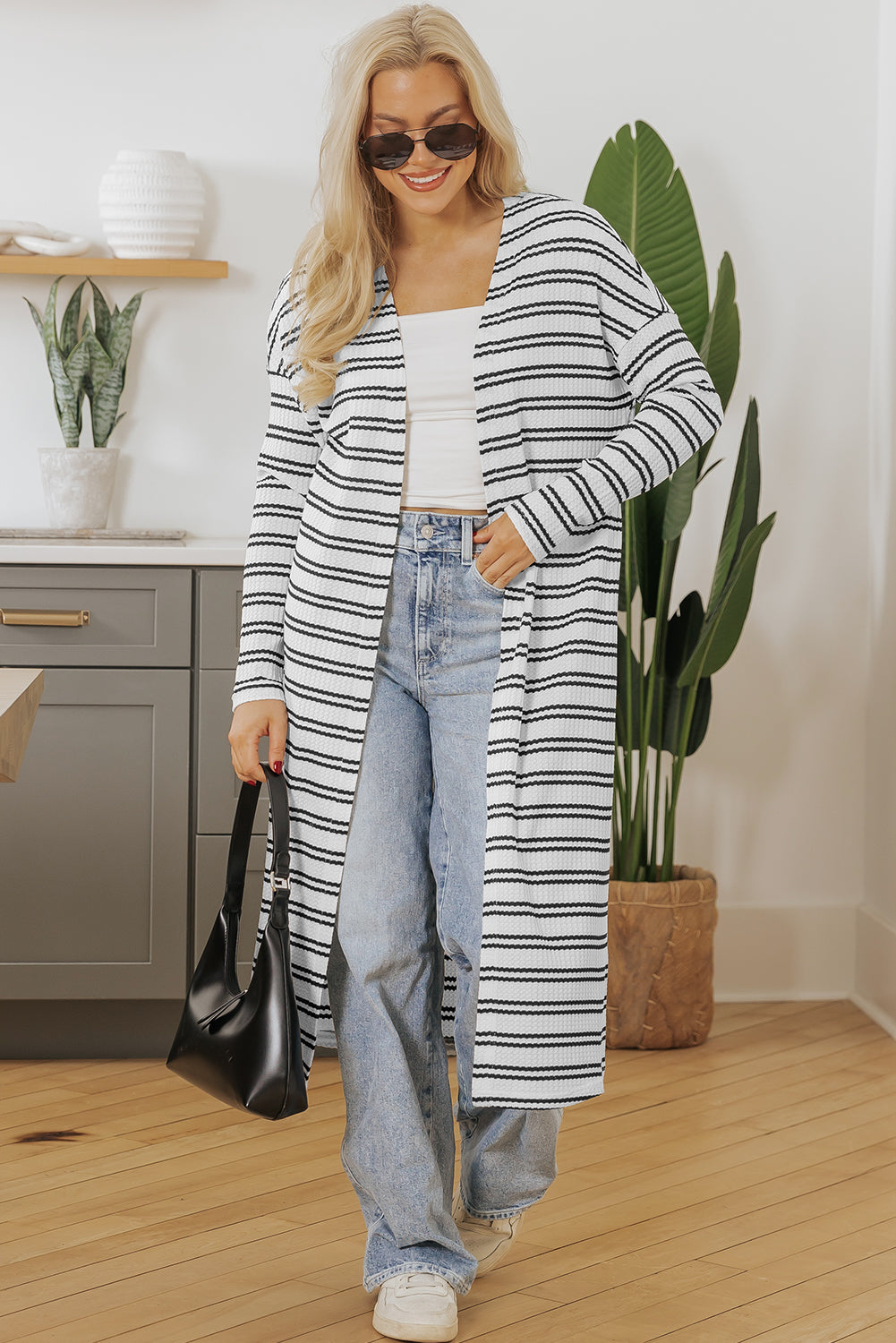 Black Stripe Print Open Front Duster Cardigan - Sweaters & Cardigans/Cardigans