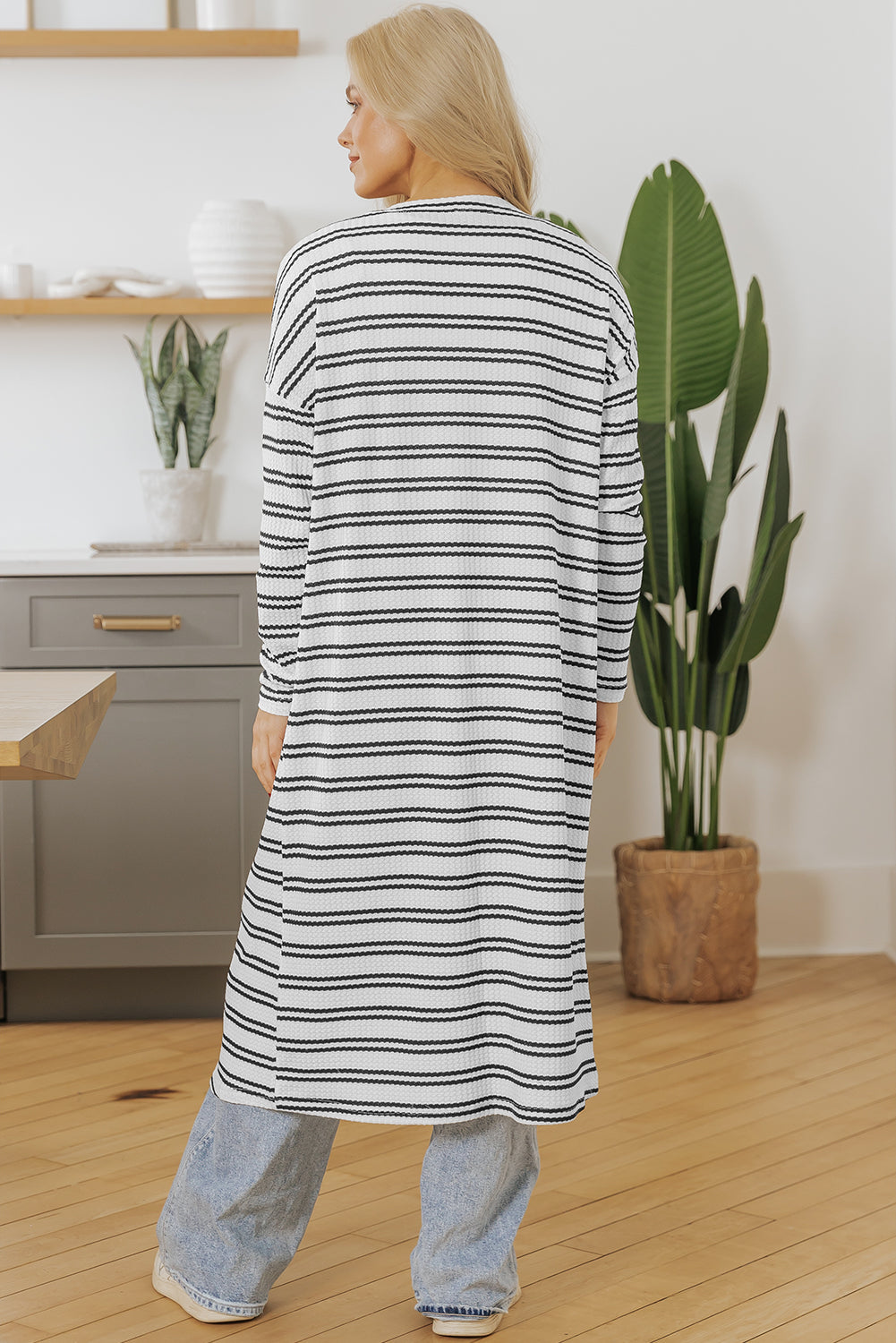 Black Stripe Print Open Front Duster Cardigan - Sweaters & Cardigans/Cardigans