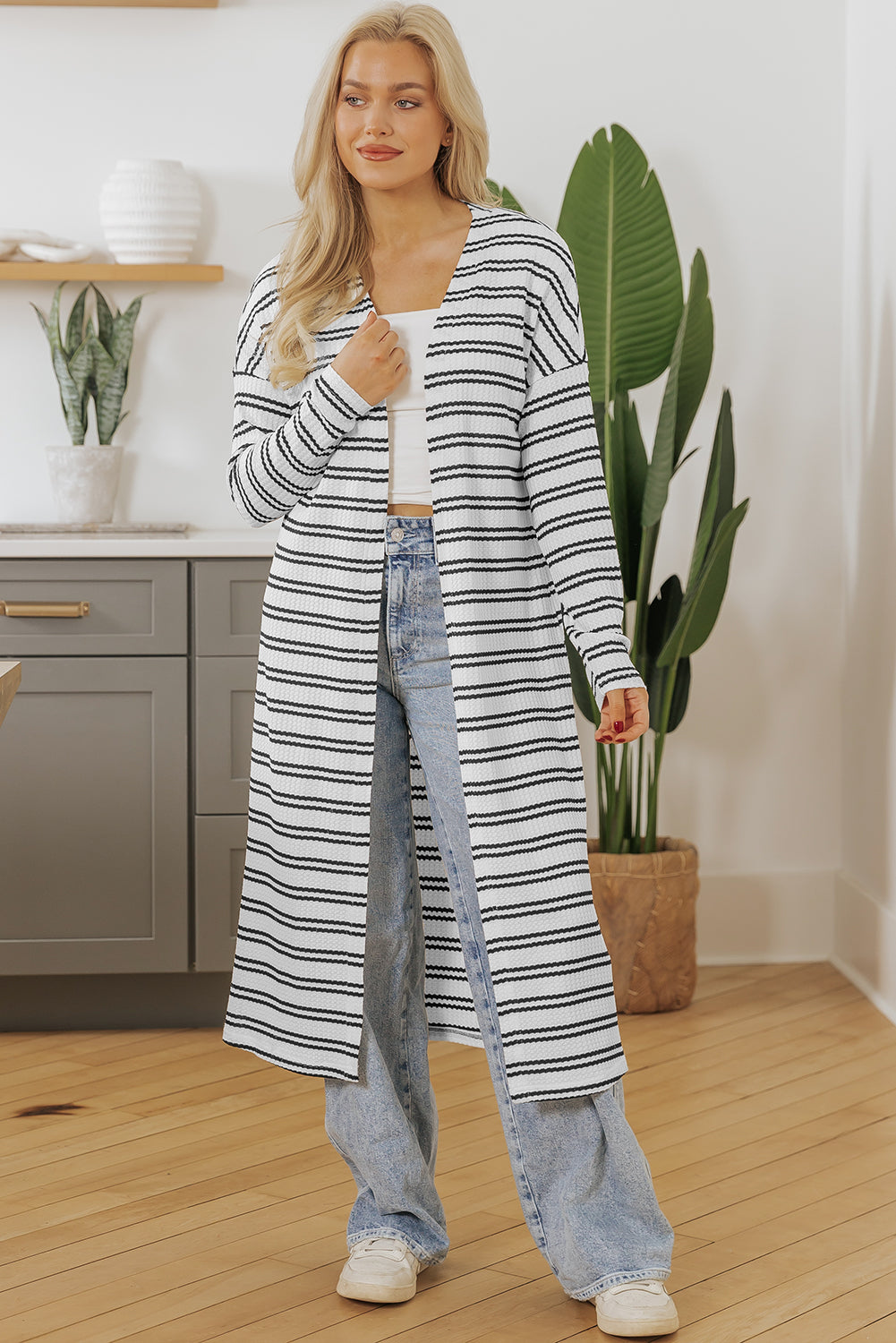 Black Stripe Print Open Front Duster Cardigan - Sweaters & Cardigans/Cardigans
