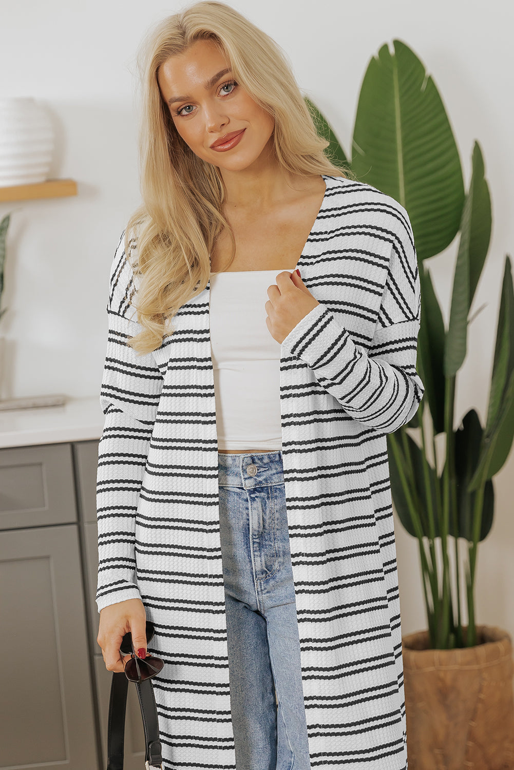 Black Stripe Print Open Front Duster Cardigan - Sweaters & Cardigans/Cardigans