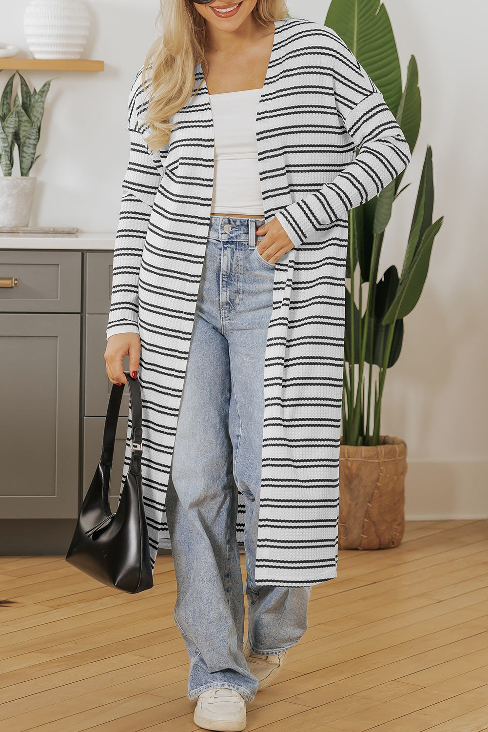 Black Stripe Print Open Front Duster Cardigan - Sweaters & Cardigans/Cardigans