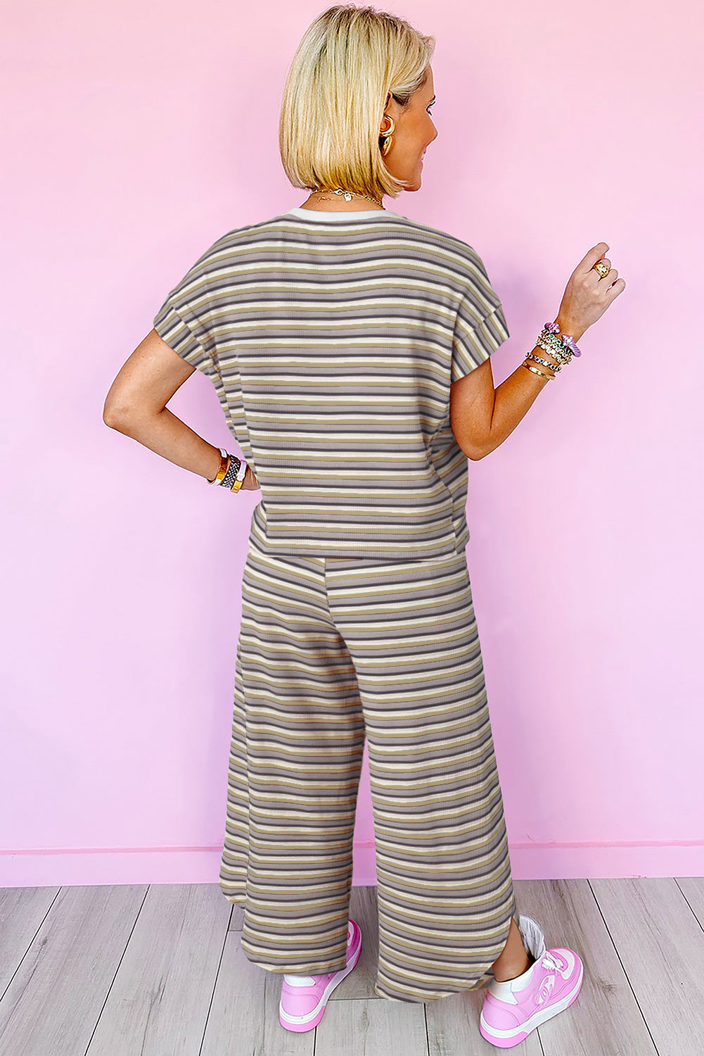 Black Stripe Rainbow Tee Tasseled String Wide Leg Trousers Set - eAura