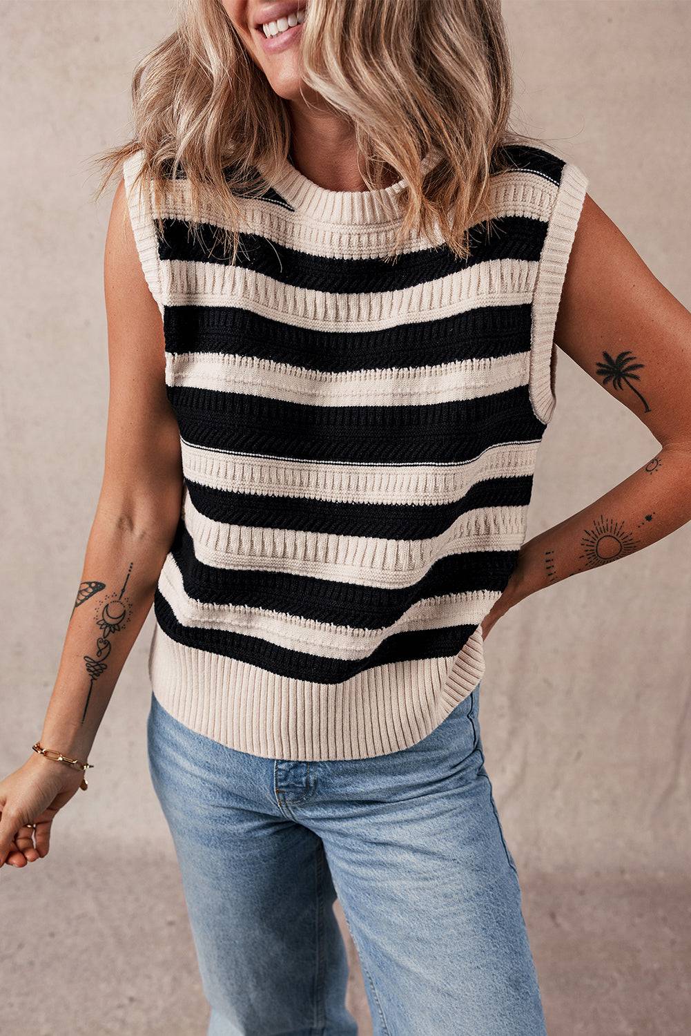 Black Stripe Ribbed Trim Knitted Sweater Vest - eAura