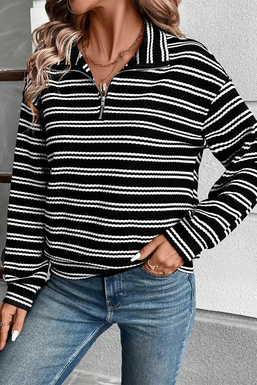 Black Stripe Textured Quarter Zip Collar Long Sleeve Top - BLACK STRIPE / S / 95% POLYESTER + 5% ELASTANE - Tops/Long