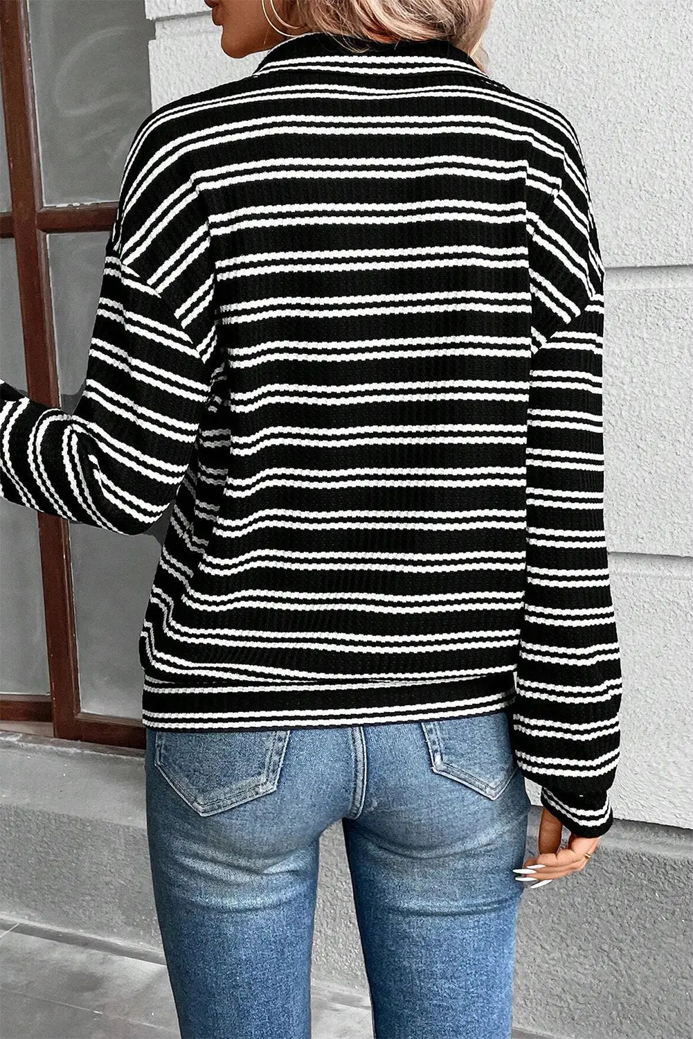 Black Stripe Textured Quarter Zip Collar Long Sleeve Top - Tops/Long Tops