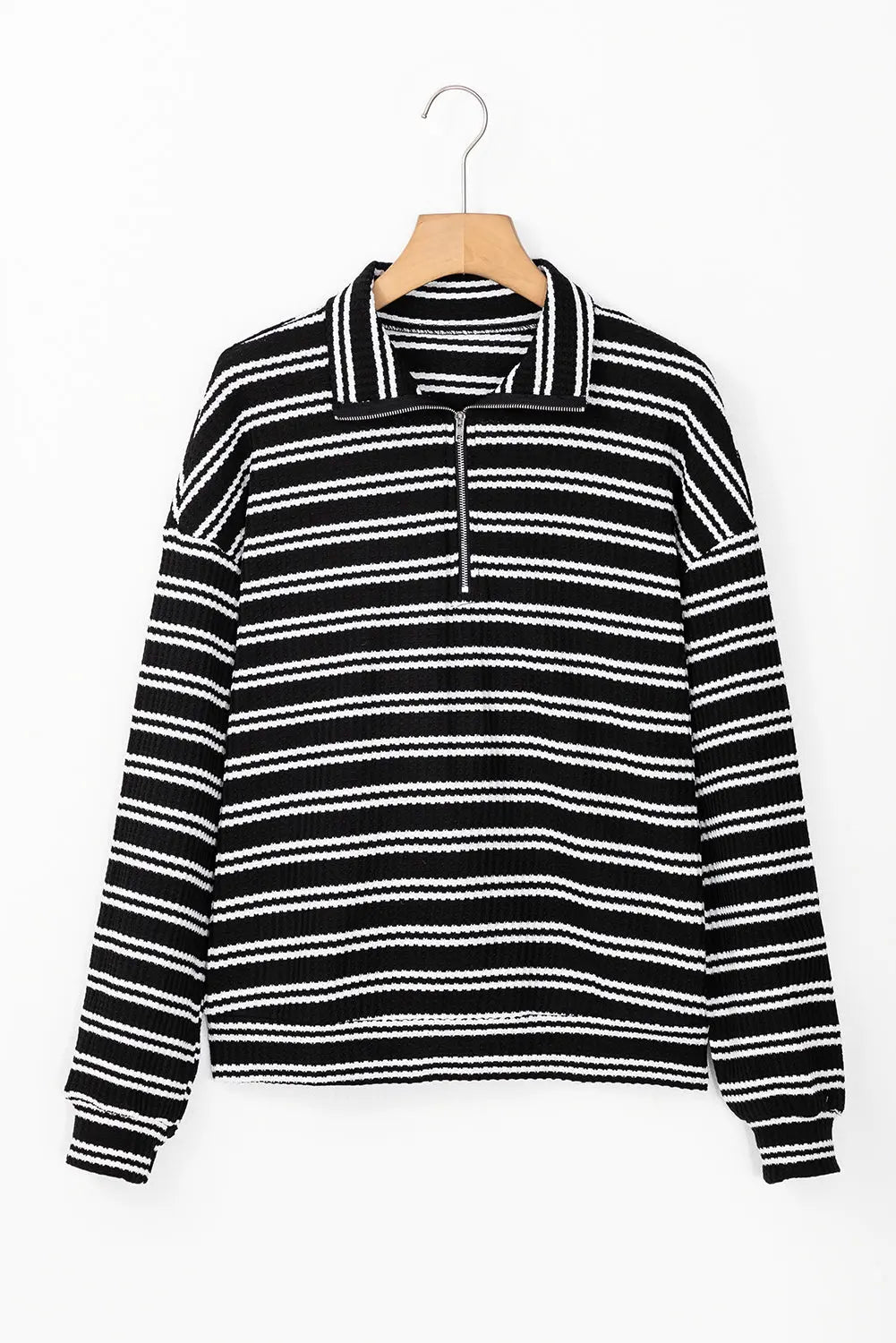 Black Stripe Textured Quarter Zip Collar Long Sleeve Top - Tops/Long Tops