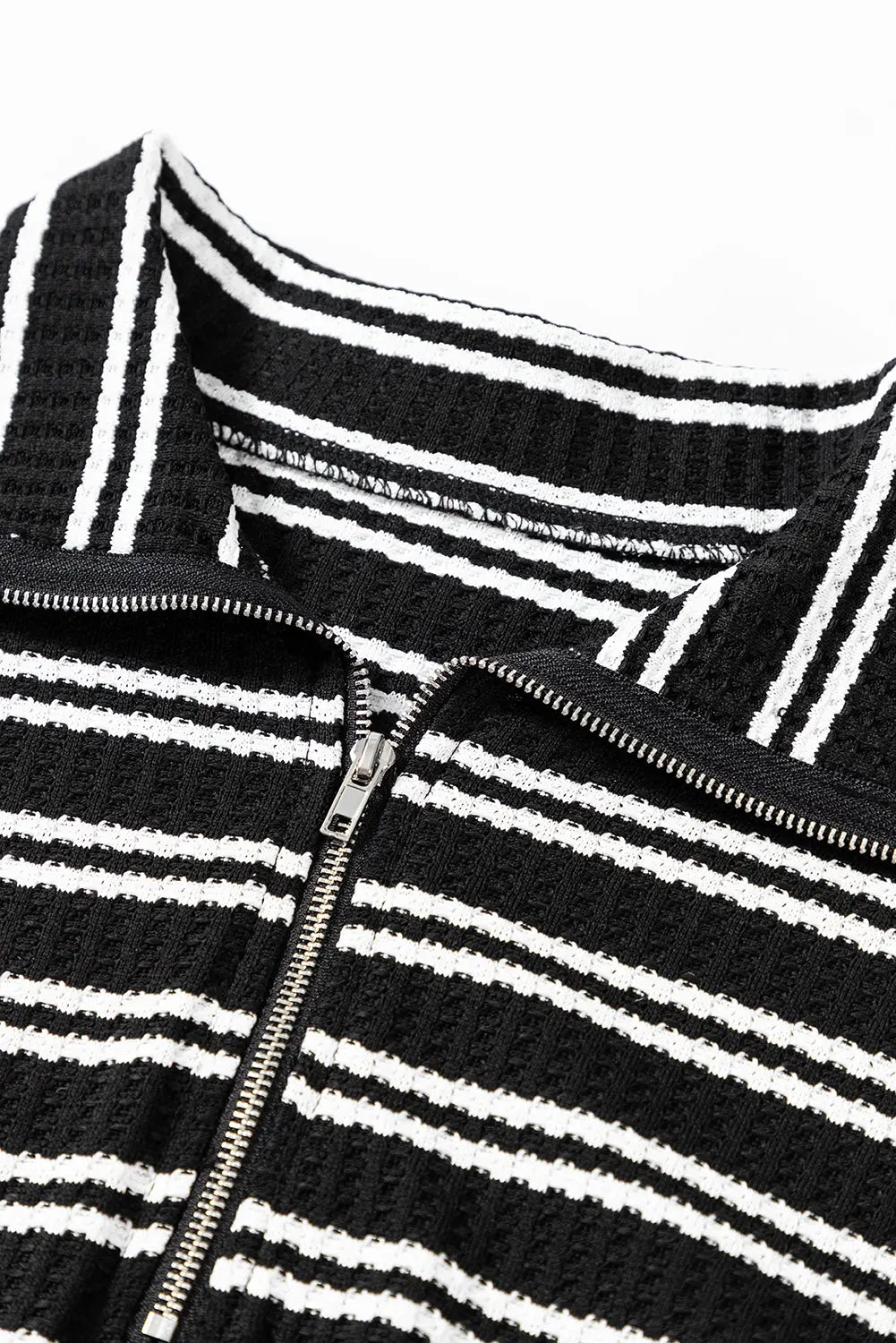 Black Stripe Textured Quarter Zip Collar Long Sleeve Top - Tops/Long Tops