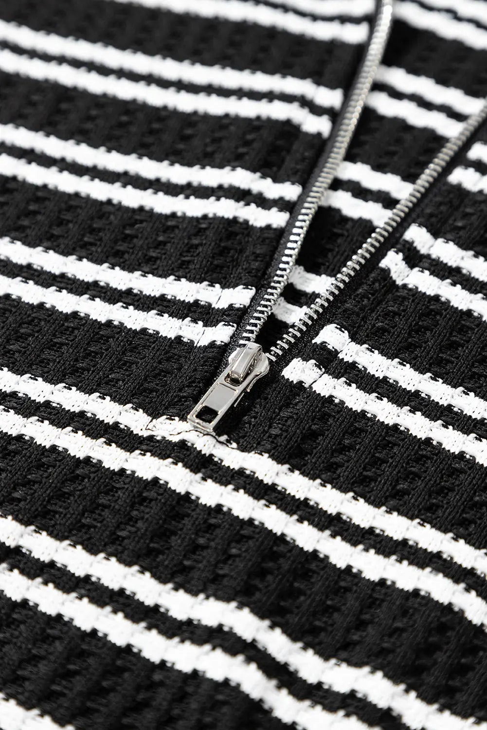 Black Stripe Textured Quarter Zip Collar Long Sleeve Top - Tops/Long Tops