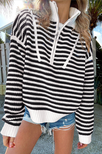 Black Stripe Zip up Collar Drop Shoulder Sweater - BLACK STRIPE / S / 60% COTTON + 40% ACRYLIC - Sweaters &