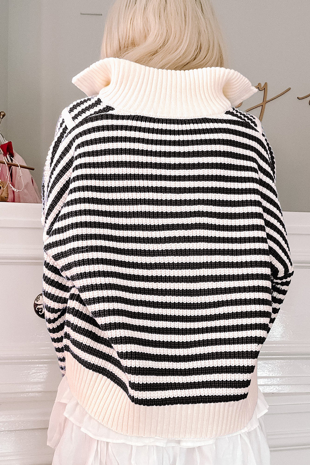 Black Stripe Zip up Collar Drop Shoulder Sweater - eAura