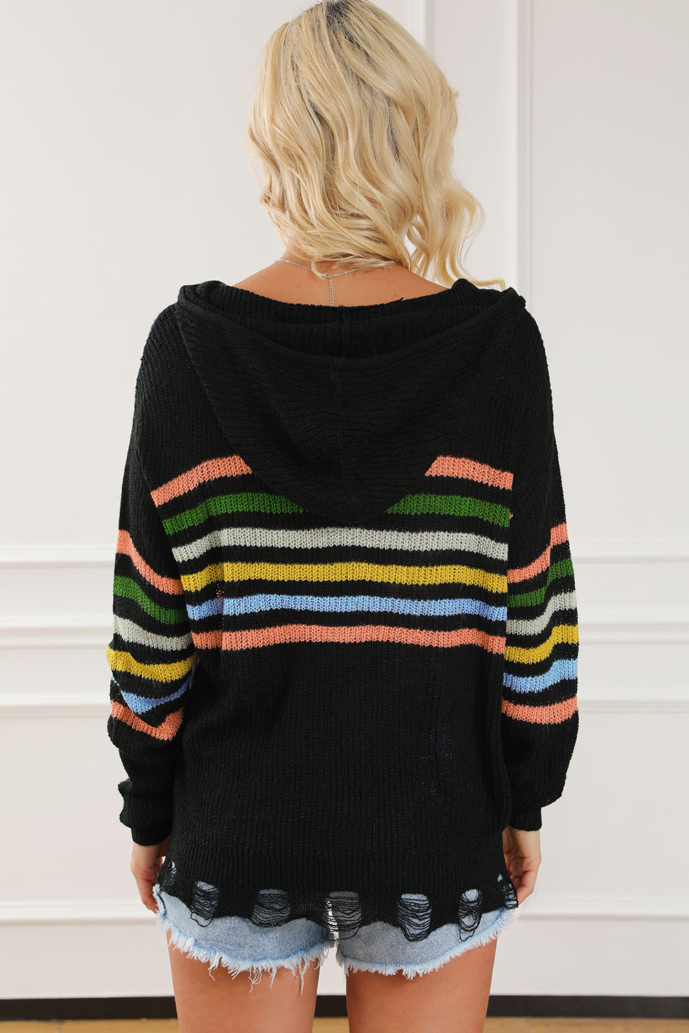Black Striped Detail Zip Up Hooded Sweater Cardigan - eAura