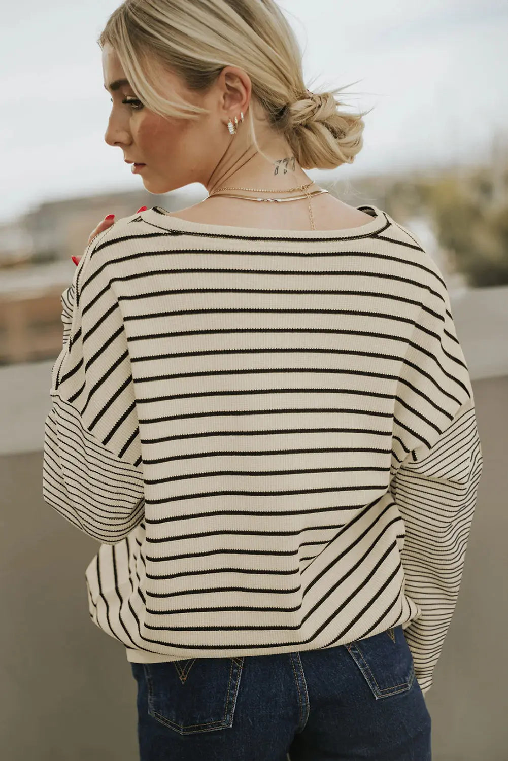 Black Striped Patchwork Loose Long Sleeve Tee Beagle Boutique Fashion Outlet