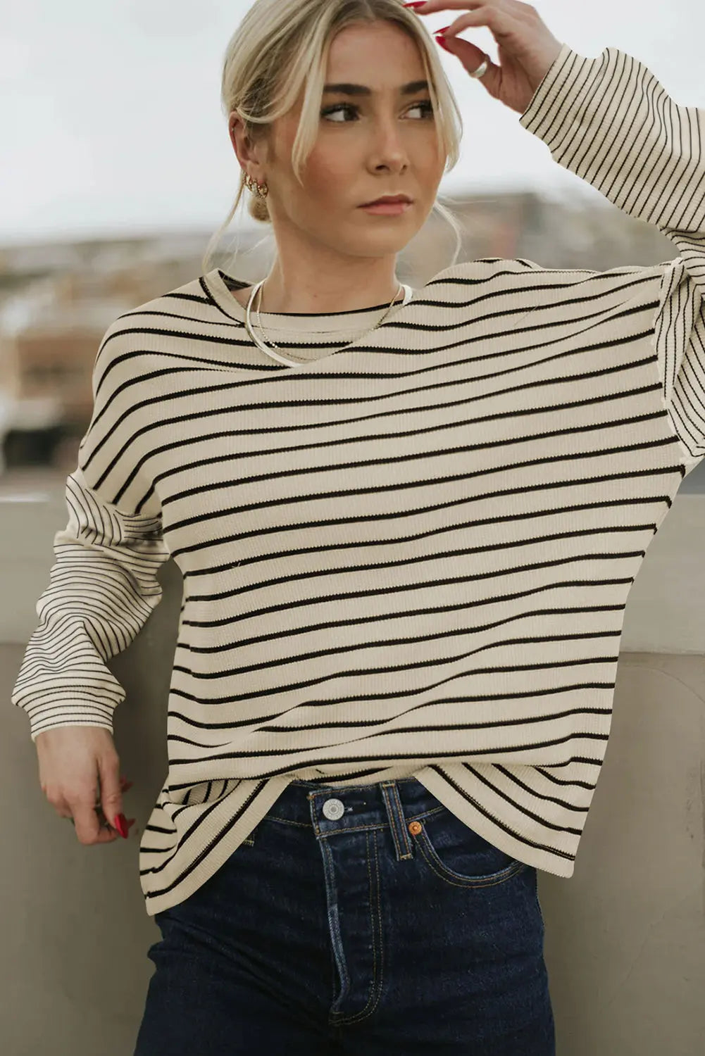 Black Striped Patchwork Loose Long Sleeve Tee Beagle Boutique Fashion Outlet