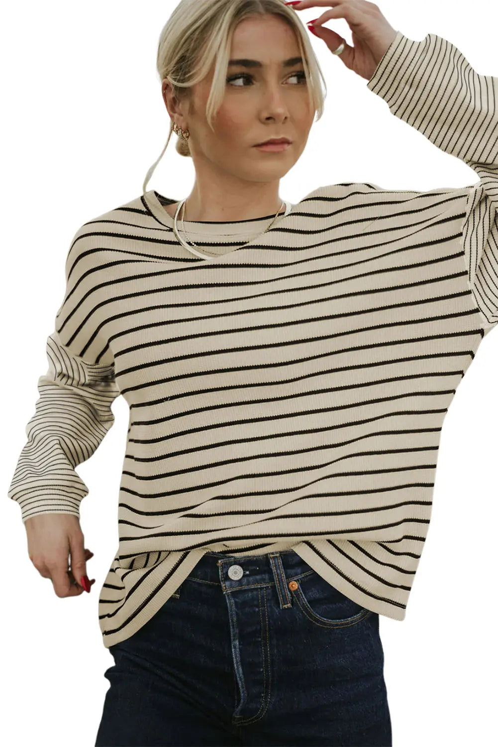Black Striped Patchwork Loose Long Sleeve Tee Beagle Boutique Fashion Outlet