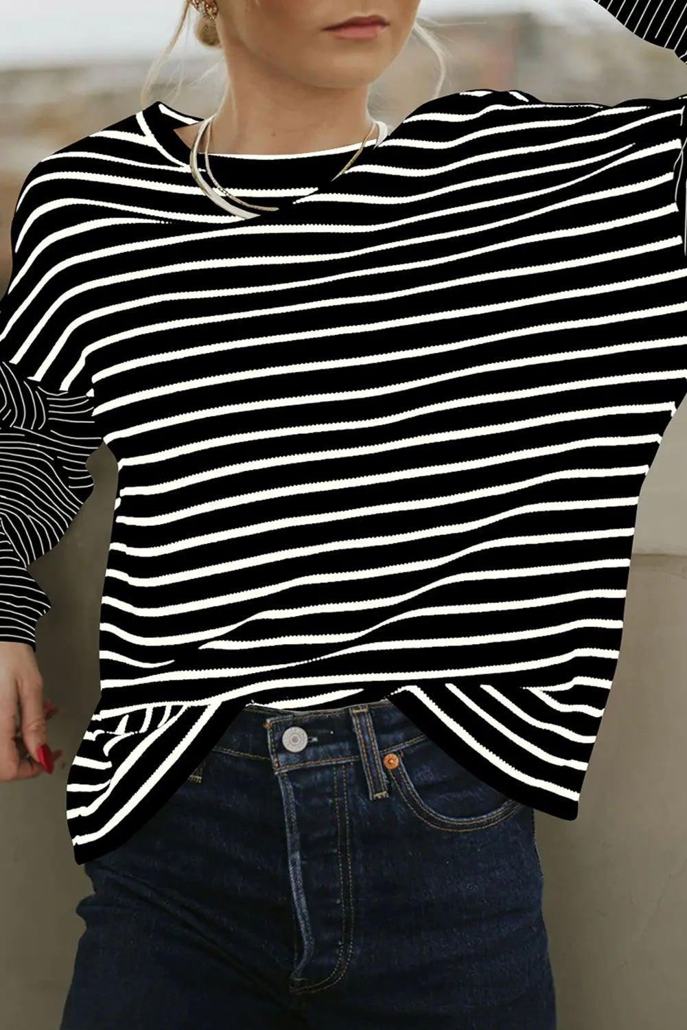 Black Striped Patchwork Loose Long Sleeve Tee Beagle Boutique Fashion Outlet