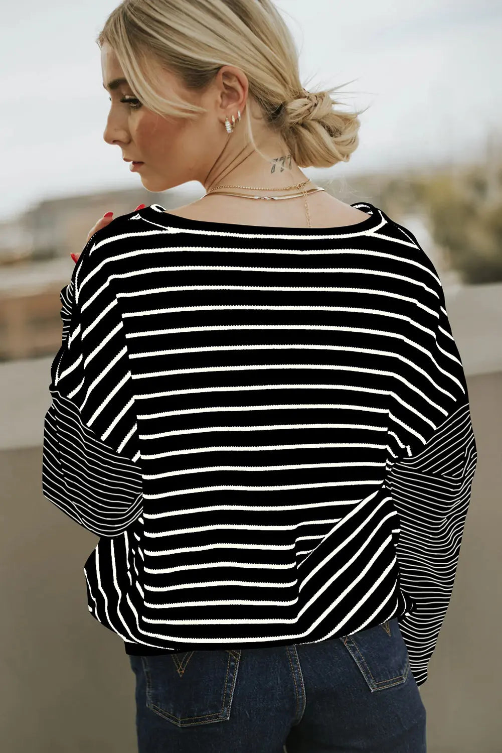 Black Striped Patchwork Loose Long Sleeve Tee Beagle Boutique Fashion Outlet