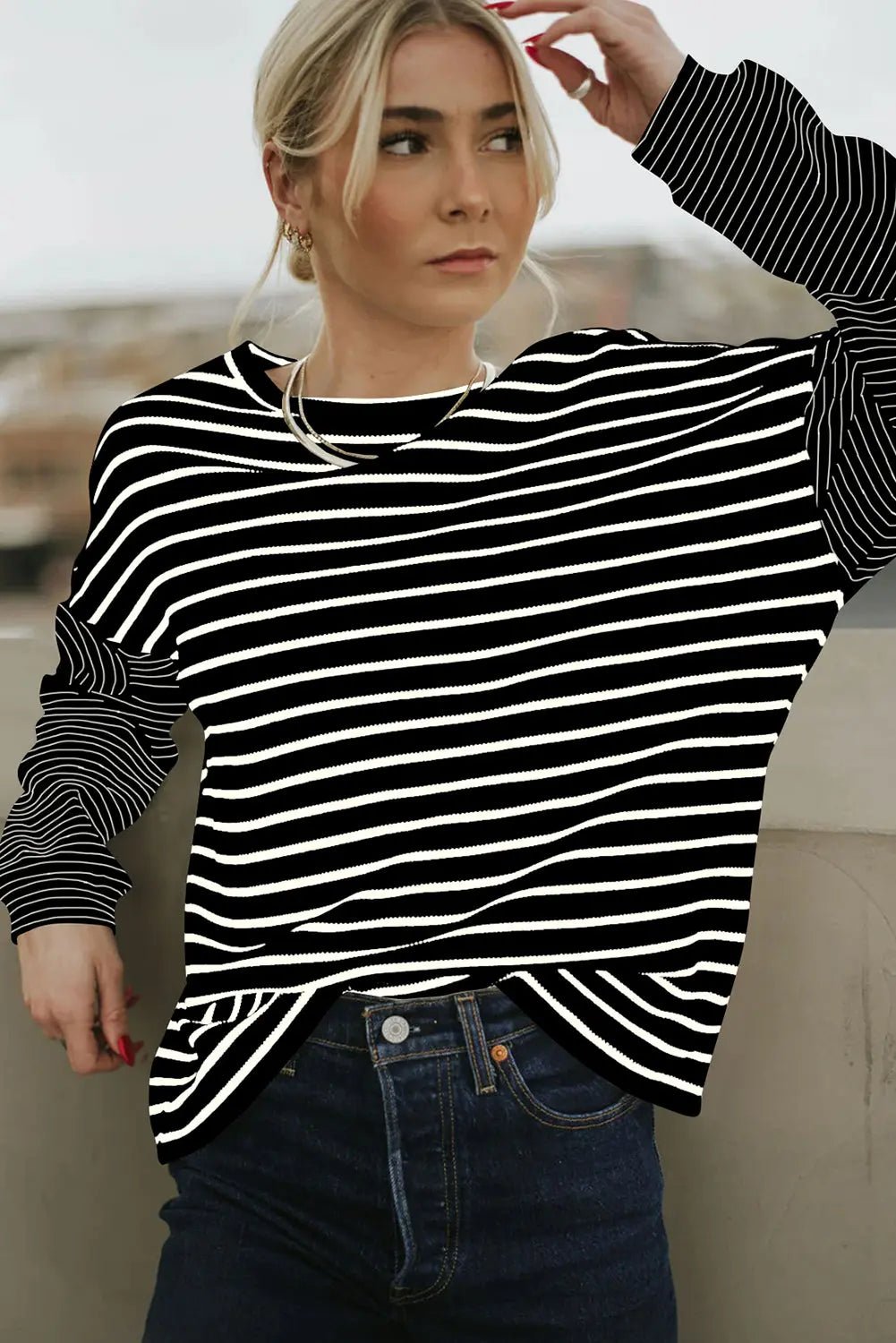 Black Striped Patchwork Loose Long Sleeve Tee Beagle Boutique Fashion Outlet