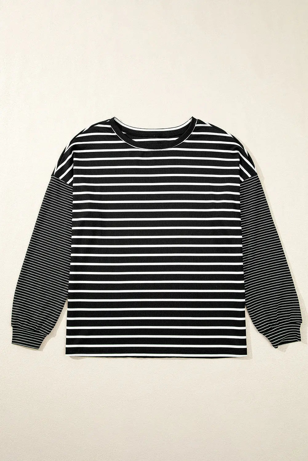 Black Striped Patchwork Loose Long Sleeve Tee Beagle Boutique Fashion Outlet